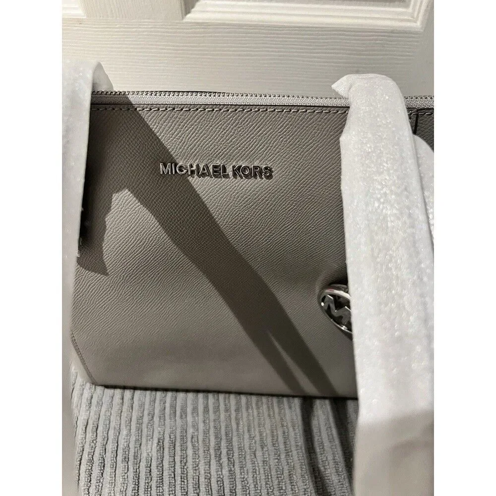 Michael Kors Charlotte Pearl Grey Top Zip Leather Tote Handbag New - Picture 3 of 8